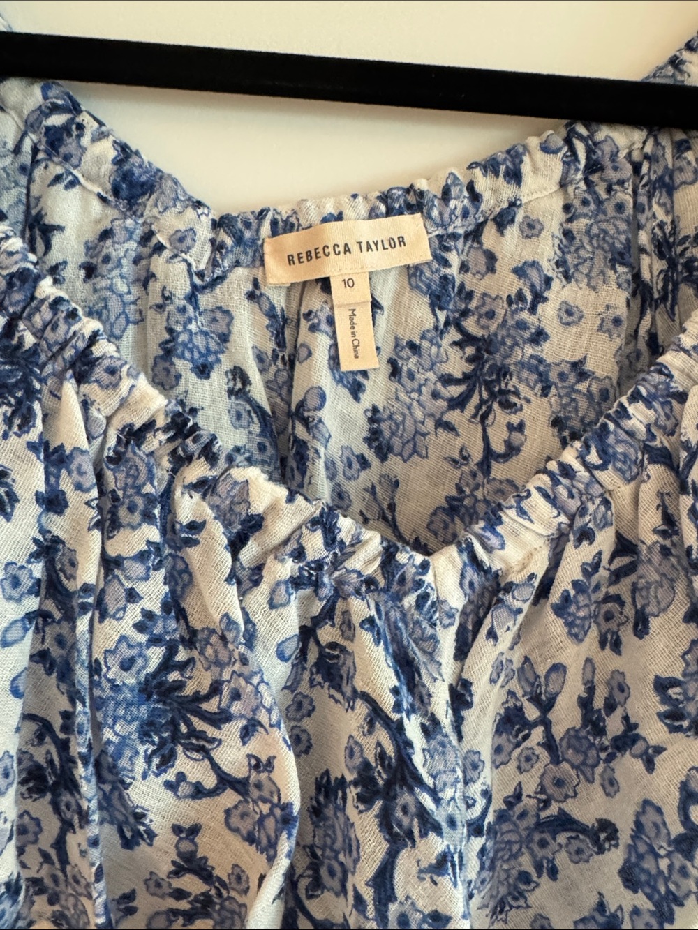 Rebecca Taylor Blue and White Floral Ruffle Off-Shoulder Blouse - Size 10 - Picture 2 of 5
